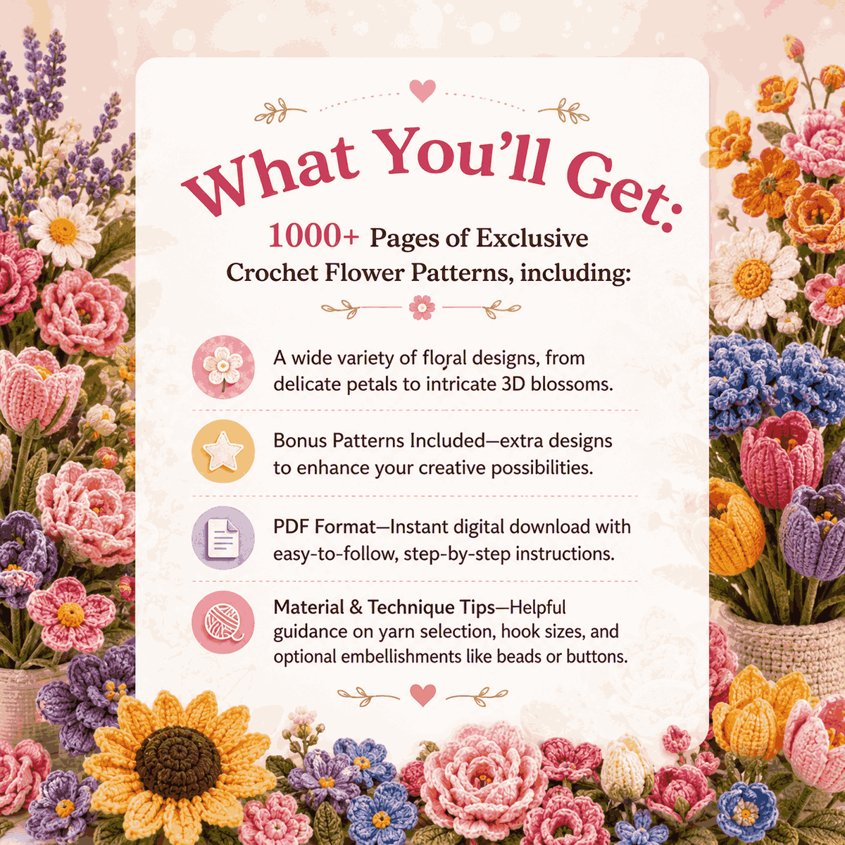 1000+ Flower Crochet Patterns Digital Bundle
